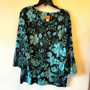 Ruby Rd. blouse size L Navy w/ light blue floral design nail head details